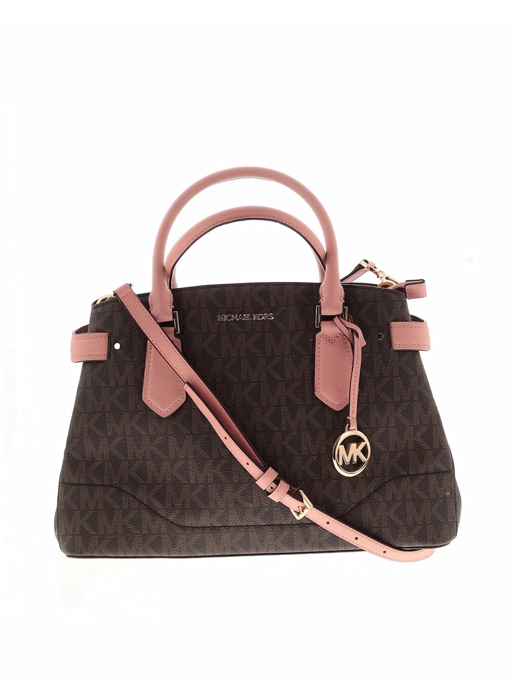 Michael Kors Brown Signature Satchel with Pink Trim